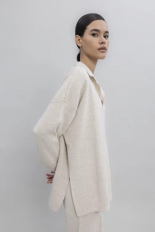 Bayan Ekru Yakalı Oversize Triko Kazak - BSL