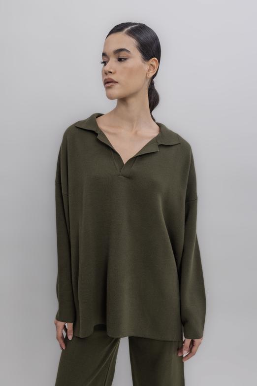 Bayan  Yakalı Oversize Triko Kazak