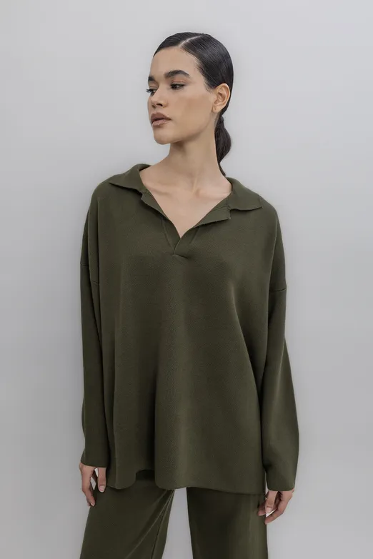 Bayan Haki Yakalı Oversize Triko Kazak - BSL