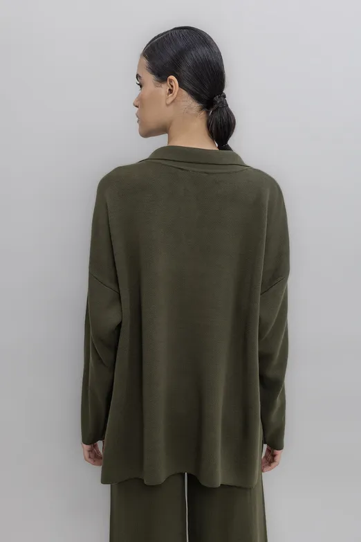 Bayan Haki Yakalı Oversize Triko Kazak - BSL