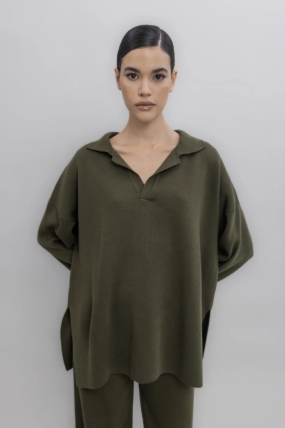 Bayan Haki Yakalı Oversize Triko Kazak