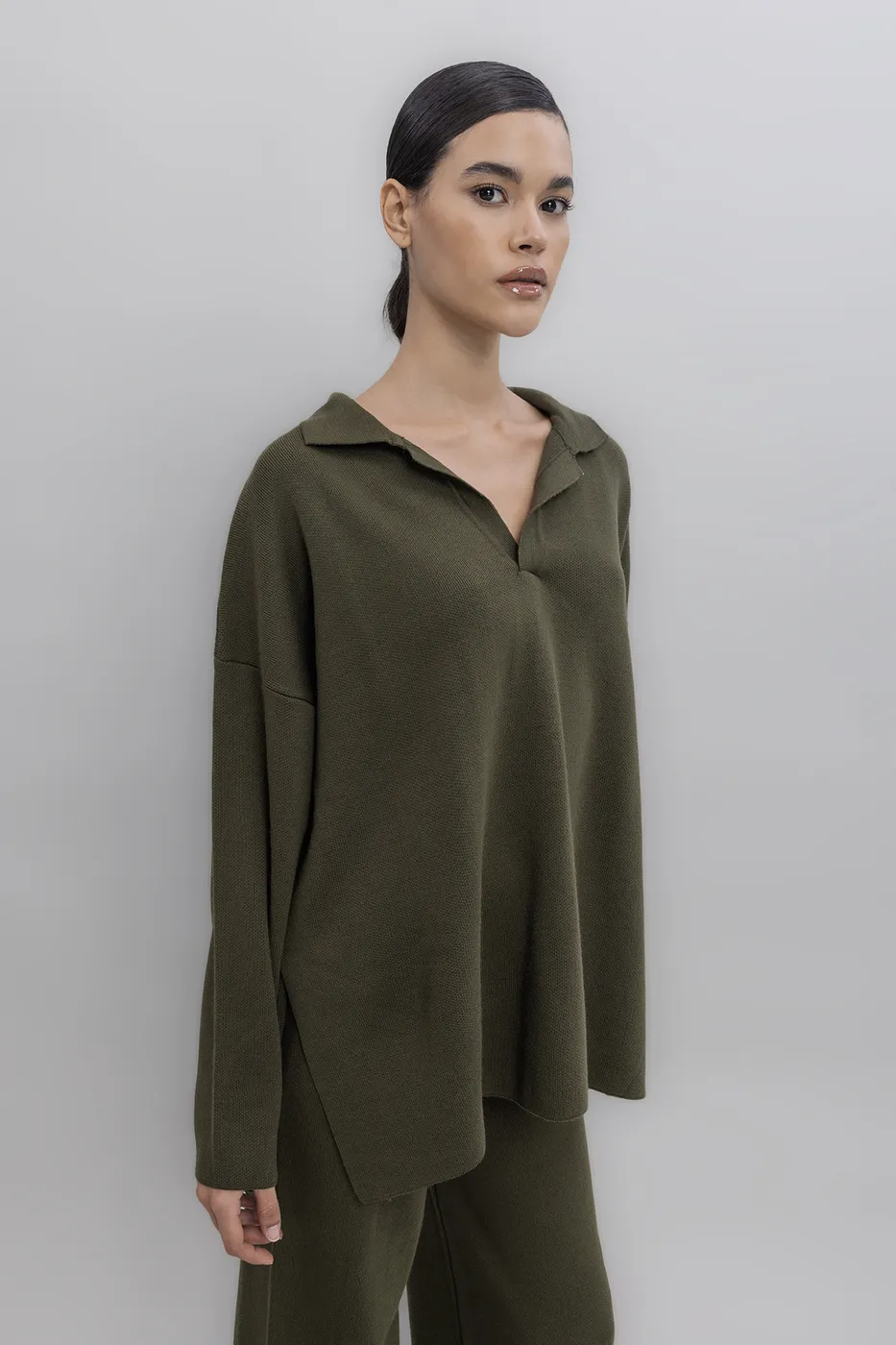 Bayan Haki Yakalı Oversize Triko Kazak