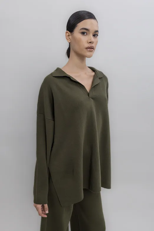 Bayan Haki Yakalı Oversize Triko Kazak - BSL