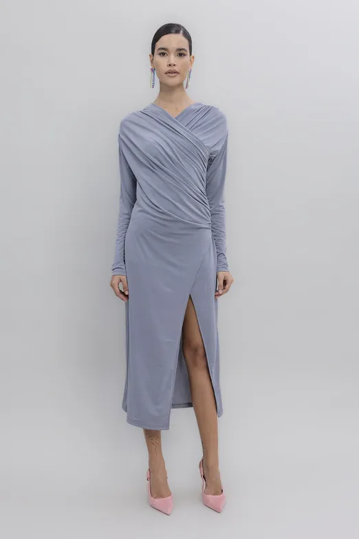Bayan Gri Çapraz Yakalı Midi Elbise - BSL