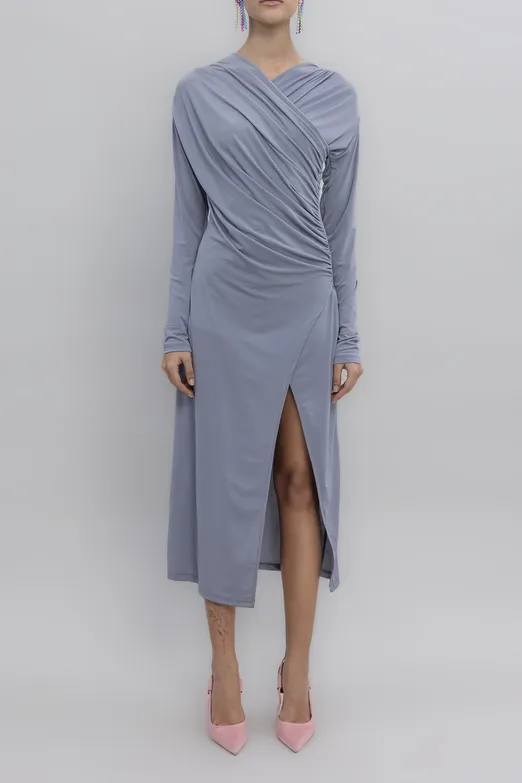 Bayan Gri Çapraz Yakalı Midi Elbise - BSL