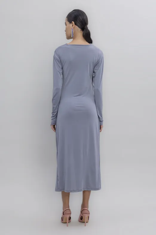 Bayan Gri Çapraz Yakalı Midi Elbise - BSL