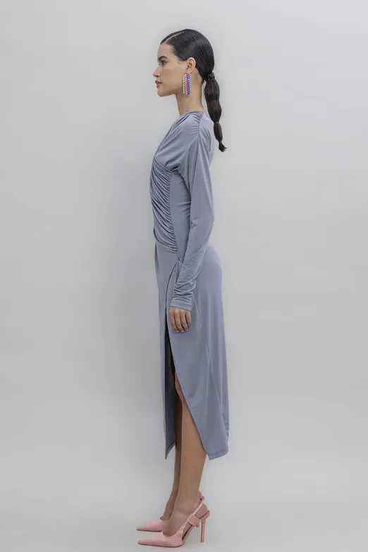 Bayan Gri Çapraz Yakalı Midi Elbise - BSL