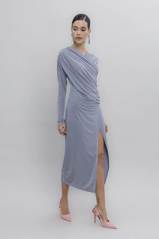 Bayan Gri Çapraz Yakalı Midi Elbise - BSL