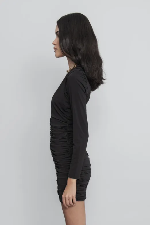 Bayan Siyah Derin V Yakalı Drapeli Mini Elbise - BSL