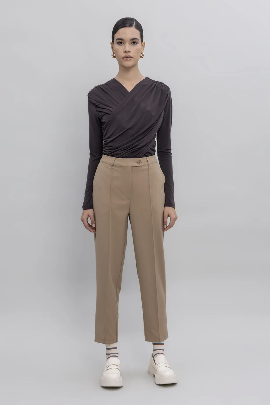 Bayan Bej Dar Paça Klasik Pantolon