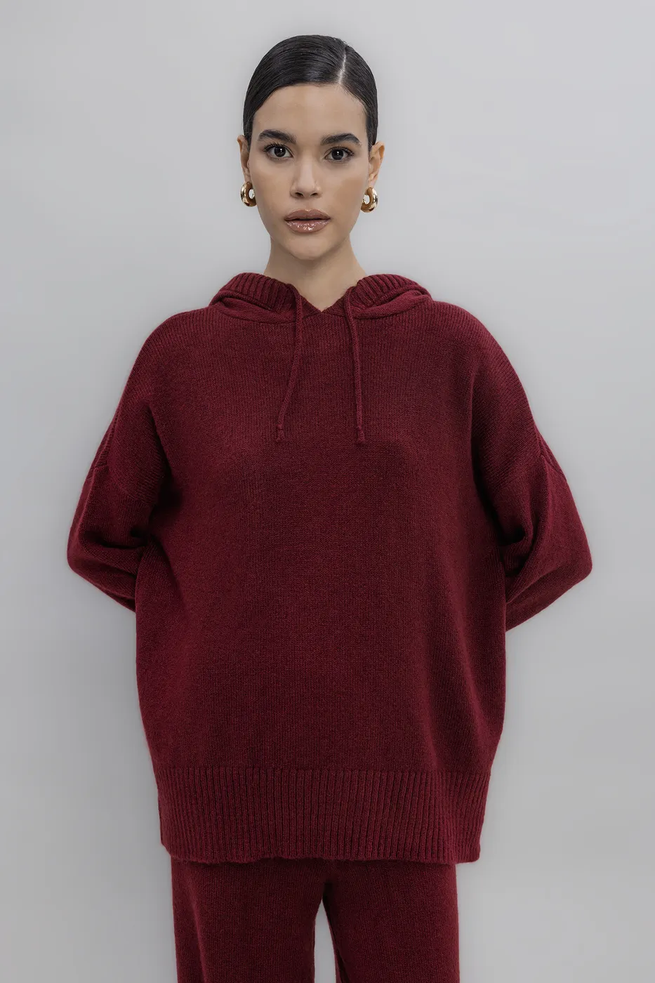 Bayan Bordo Kapüşonlu Triko Uzun Kazak