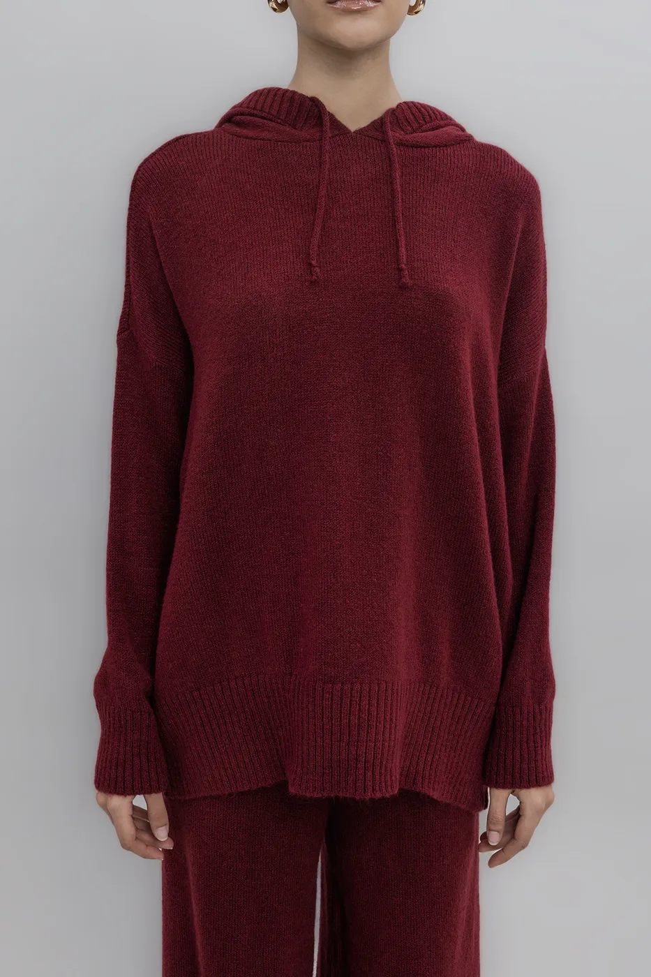 Bayan Bordo Kapüşonlu Triko Uzun Kazak