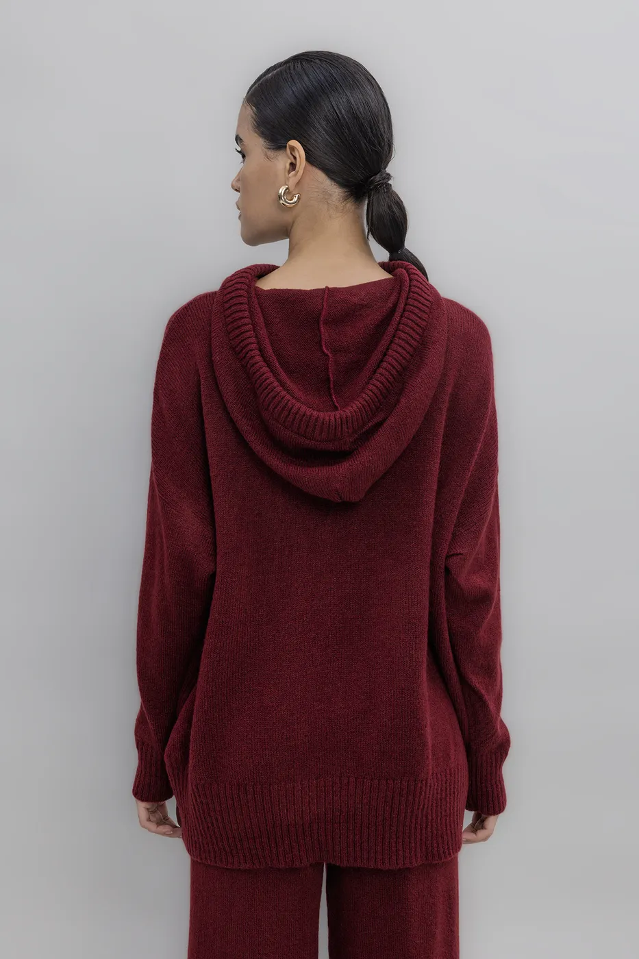 Bayan Bordo Kapüşonlu Triko Uzun Kazak