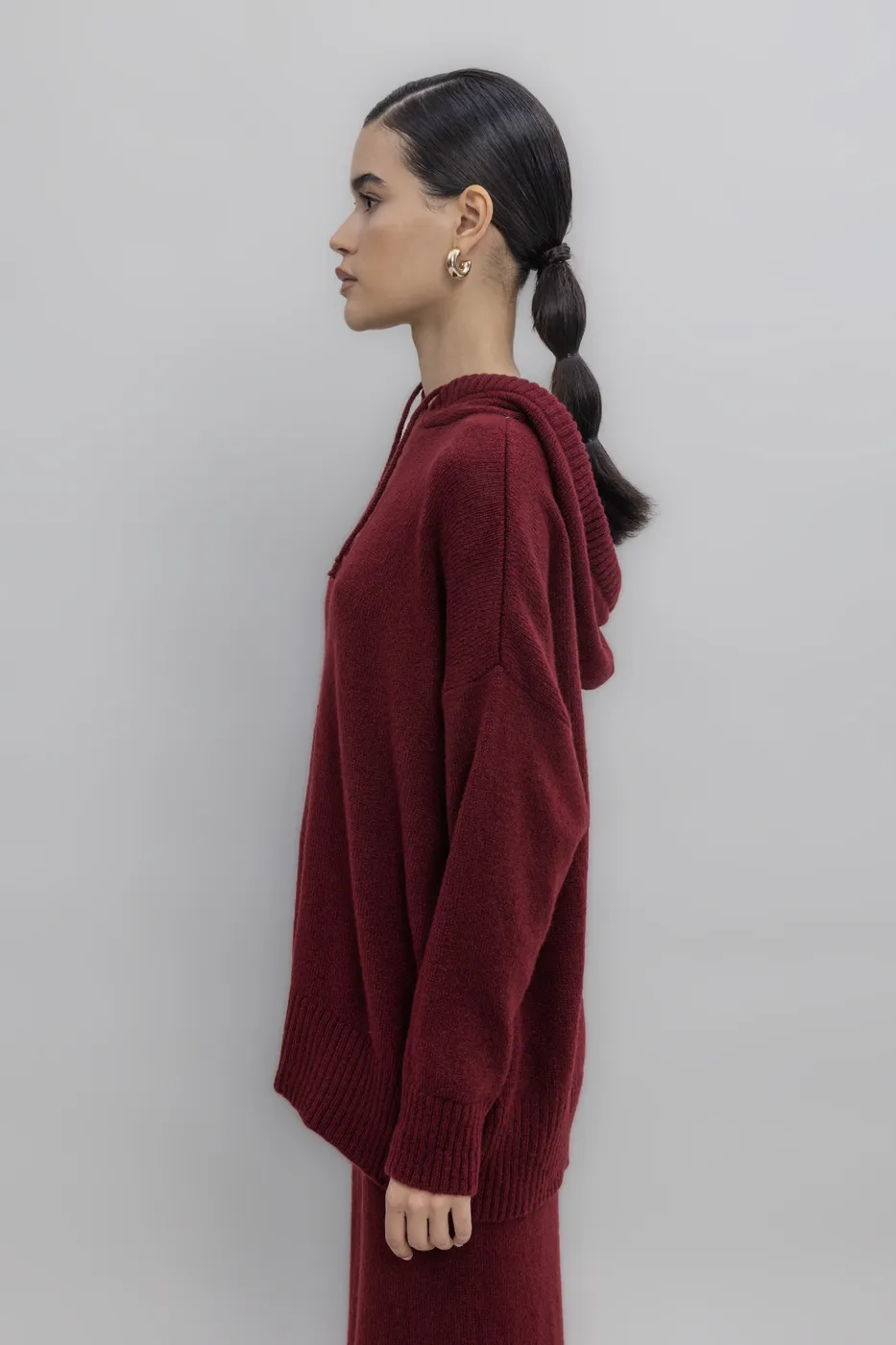 Bayan Bordo Kapüşonlu Triko Uzun Kazak