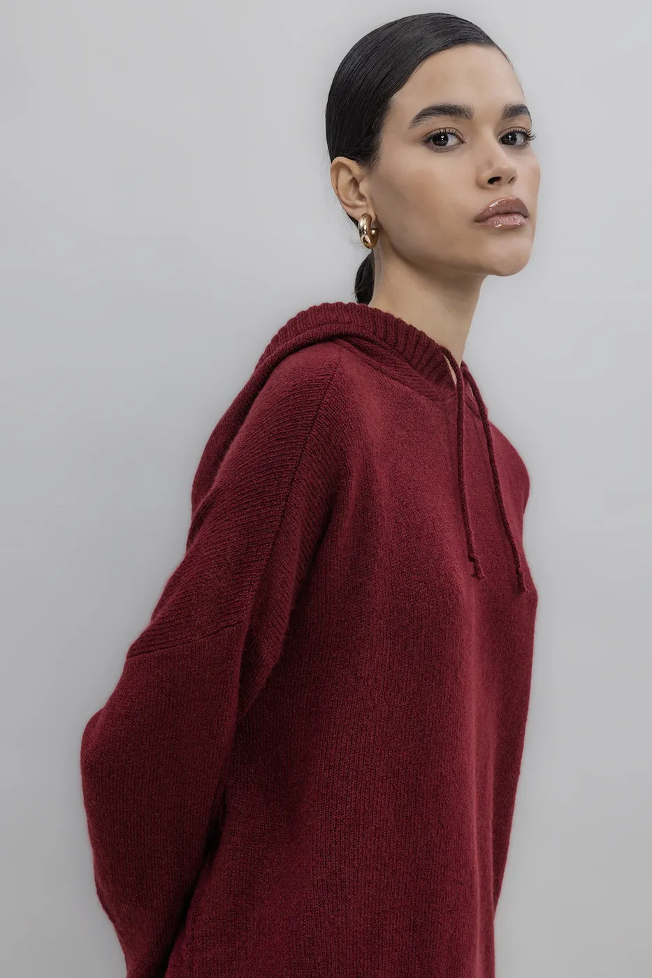 Bayan Bordo Kapüşonlu Triko Uzun Kazak