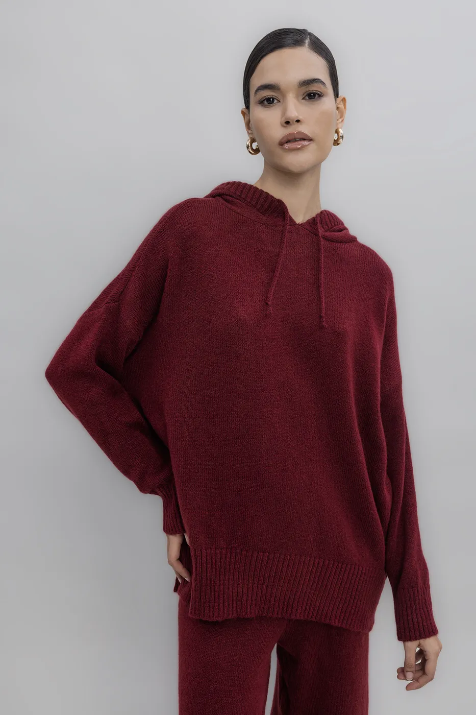 Bayan Bordo Kapüşonlu Triko Uzun Kazak