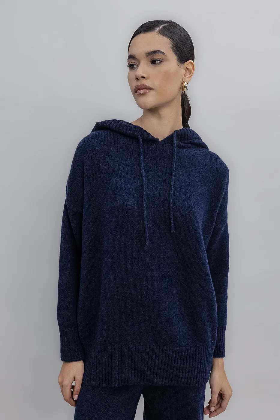 Bayan Lacivert Kapüşonlu Triko Uzun Kazak