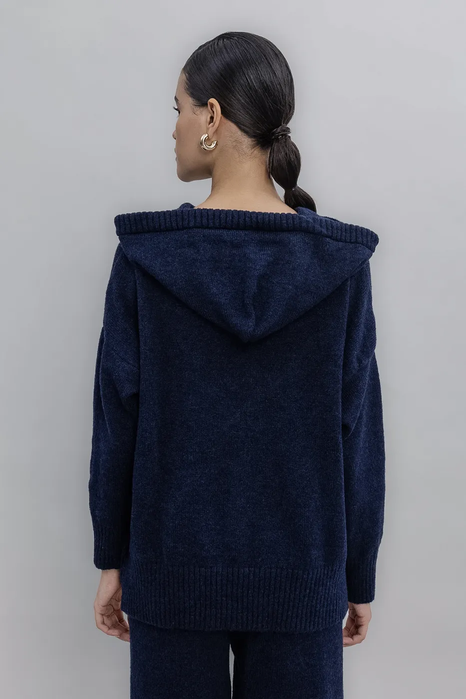 Bayan Lacivert Kapüşonlu Triko Uzun Kazak