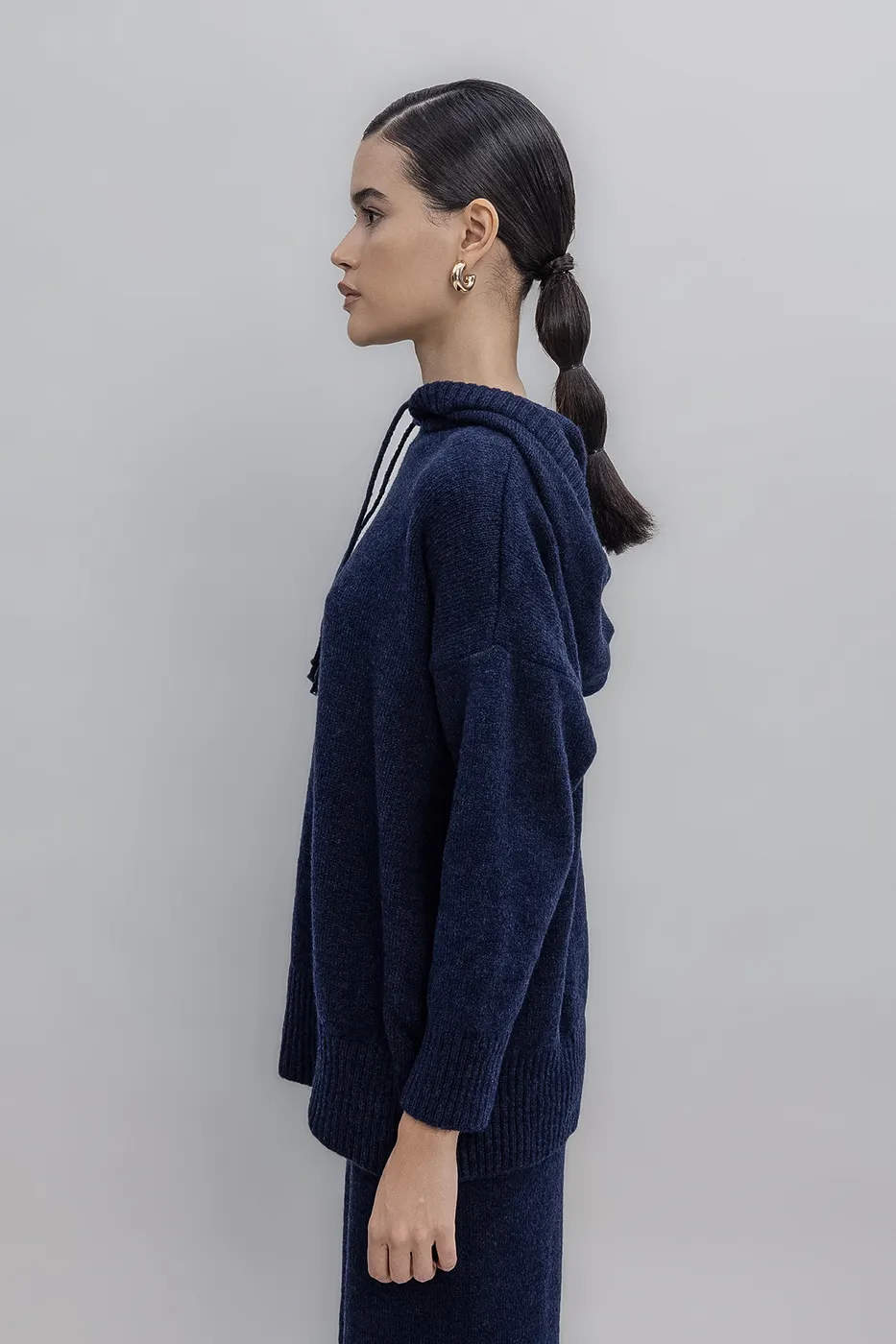 Bayan Lacivert Kapüşonlu Triko Uzun Kazak