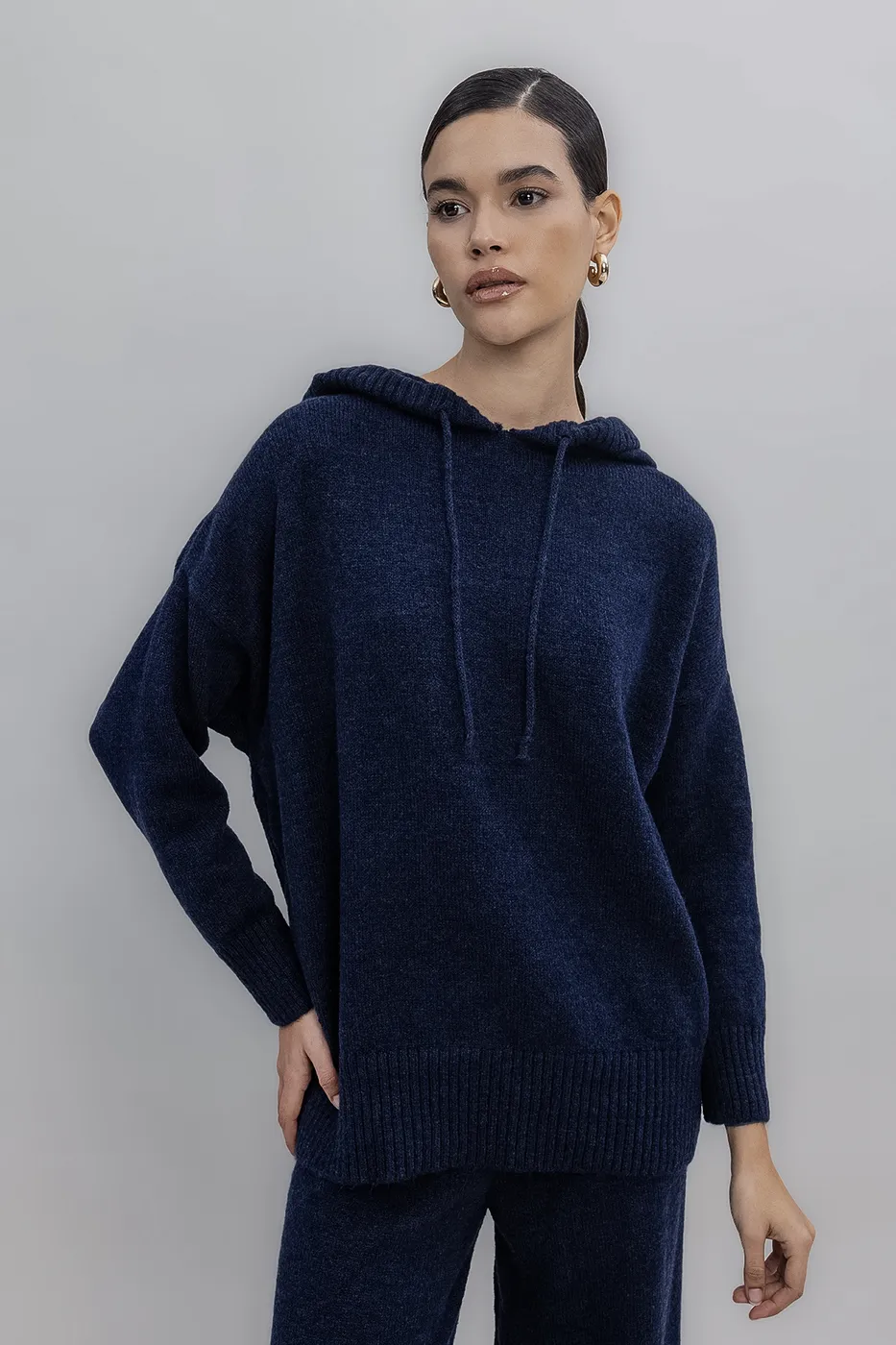 Bayan Lacivert Kapüşonlu Triko Uzun Kazak