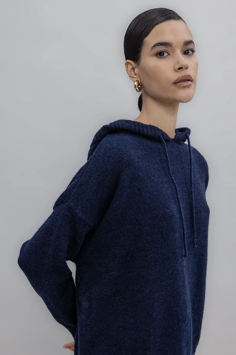 Bayan Lacivert Kapüşonlu Triko Uzun Kazak