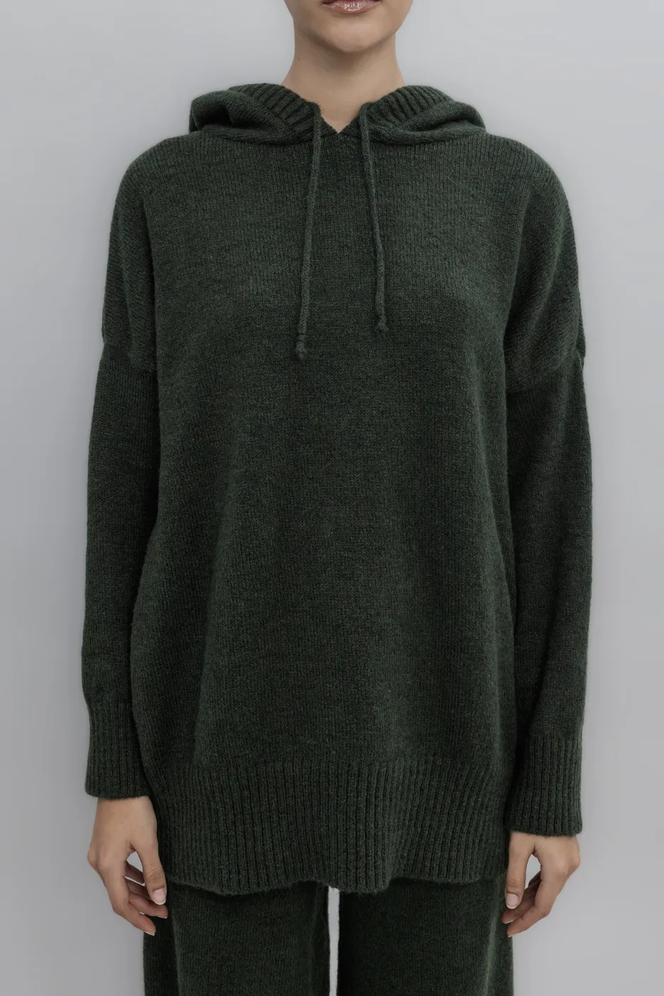 Bayan Yeşil Kapüşonlu Triko Uzun Kazak