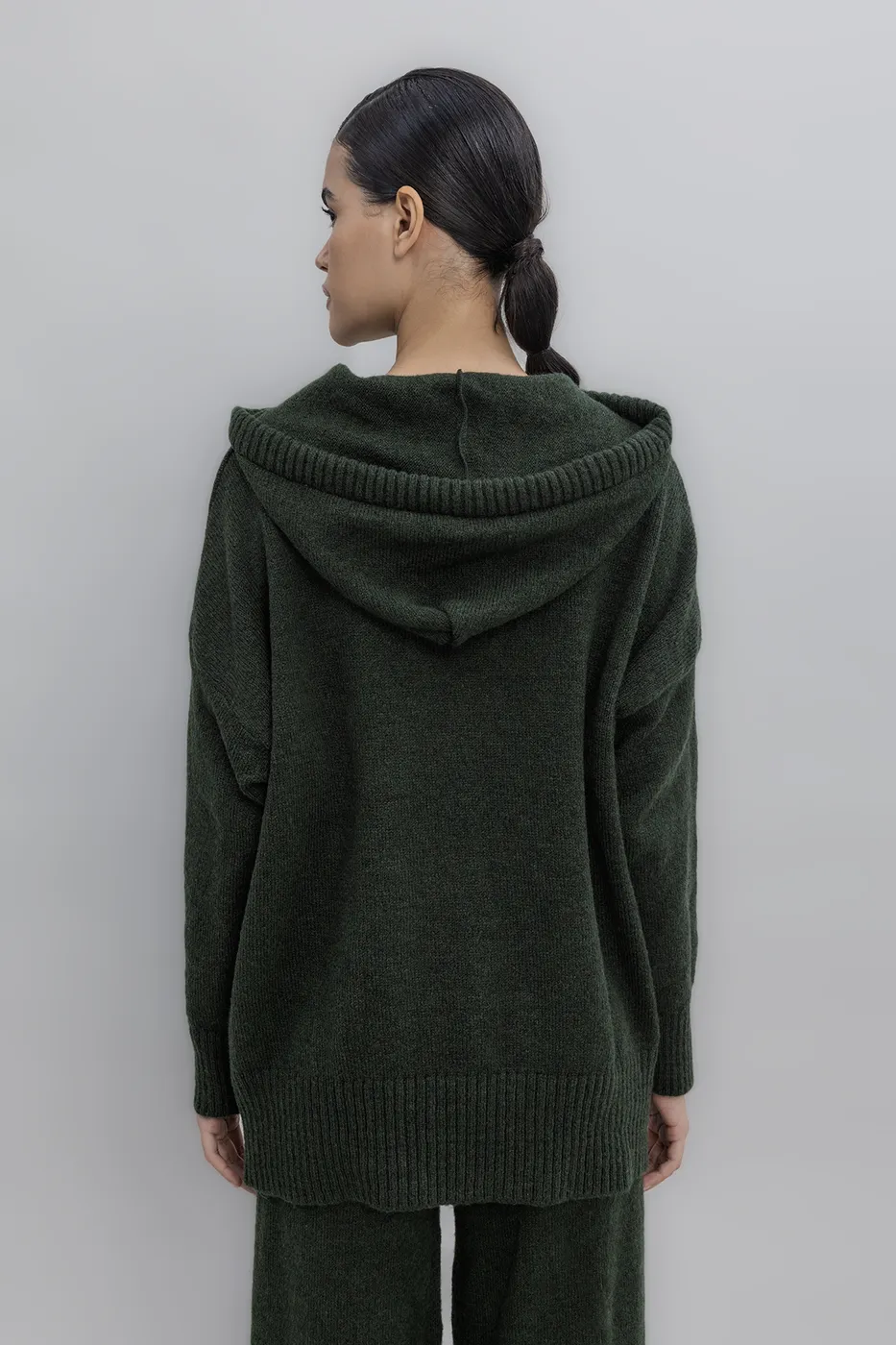 Bayan Yeşil Kapüşonlu Triko Uzun Kazak