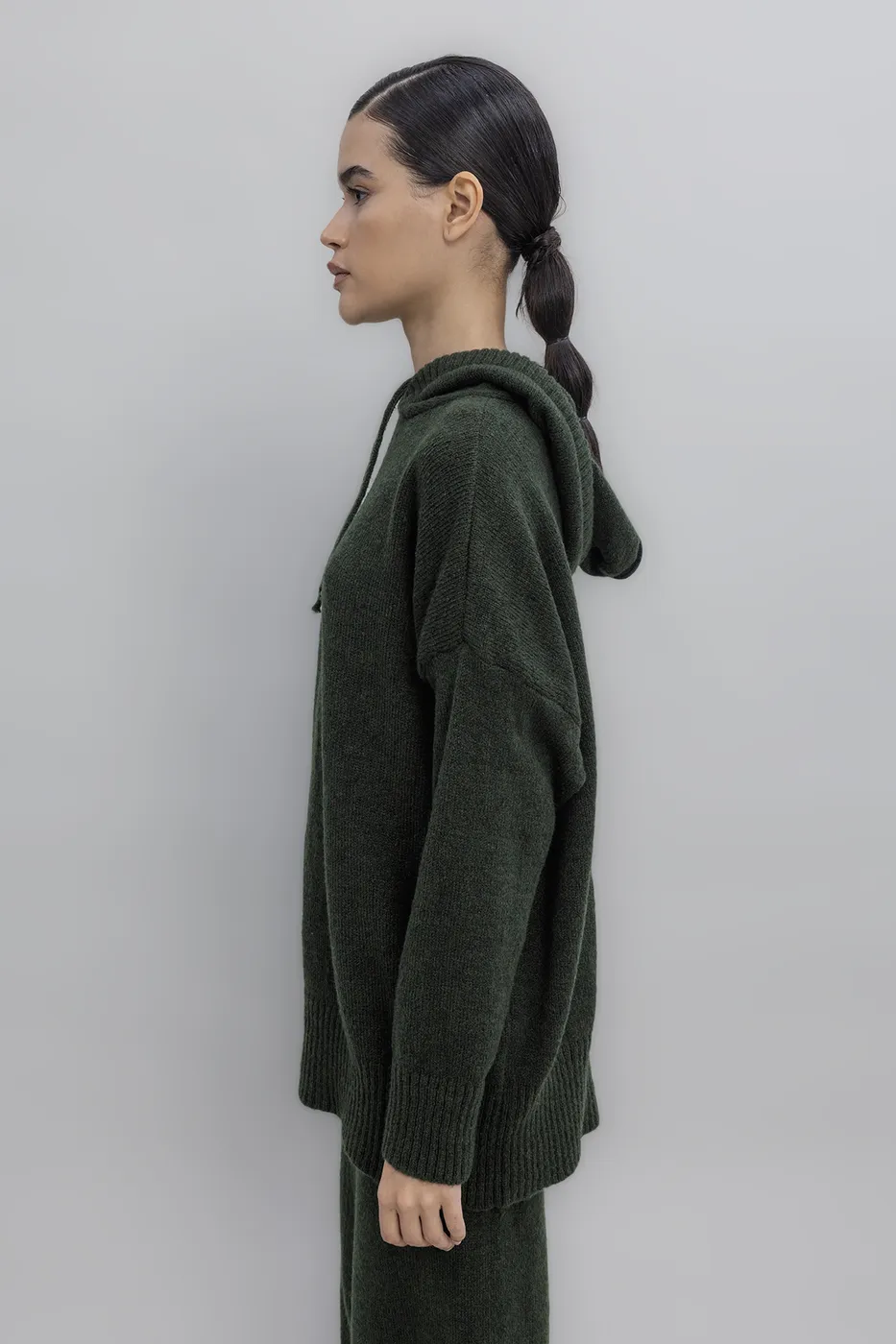 Bayan Yeşil Kapüşonlu Triko Uzun Kazak