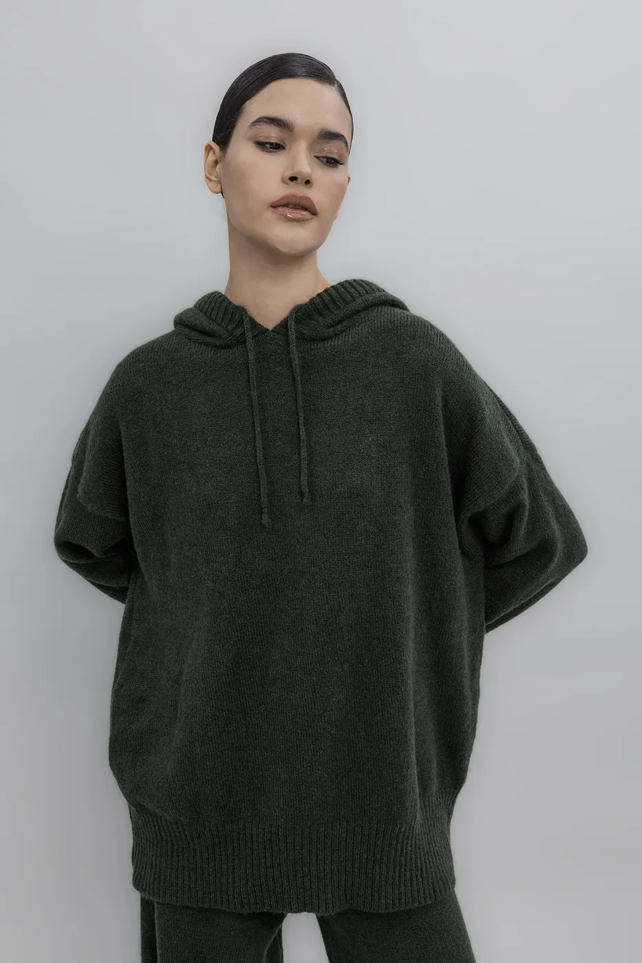 Bayan Yeşil Kapüşonlu Triko Uzun Kazak