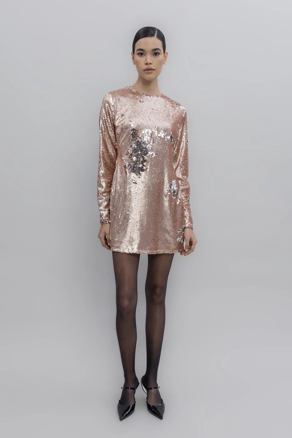 Bayan Pudra Sırt Dekolteli Pulpayet Mini Elbise