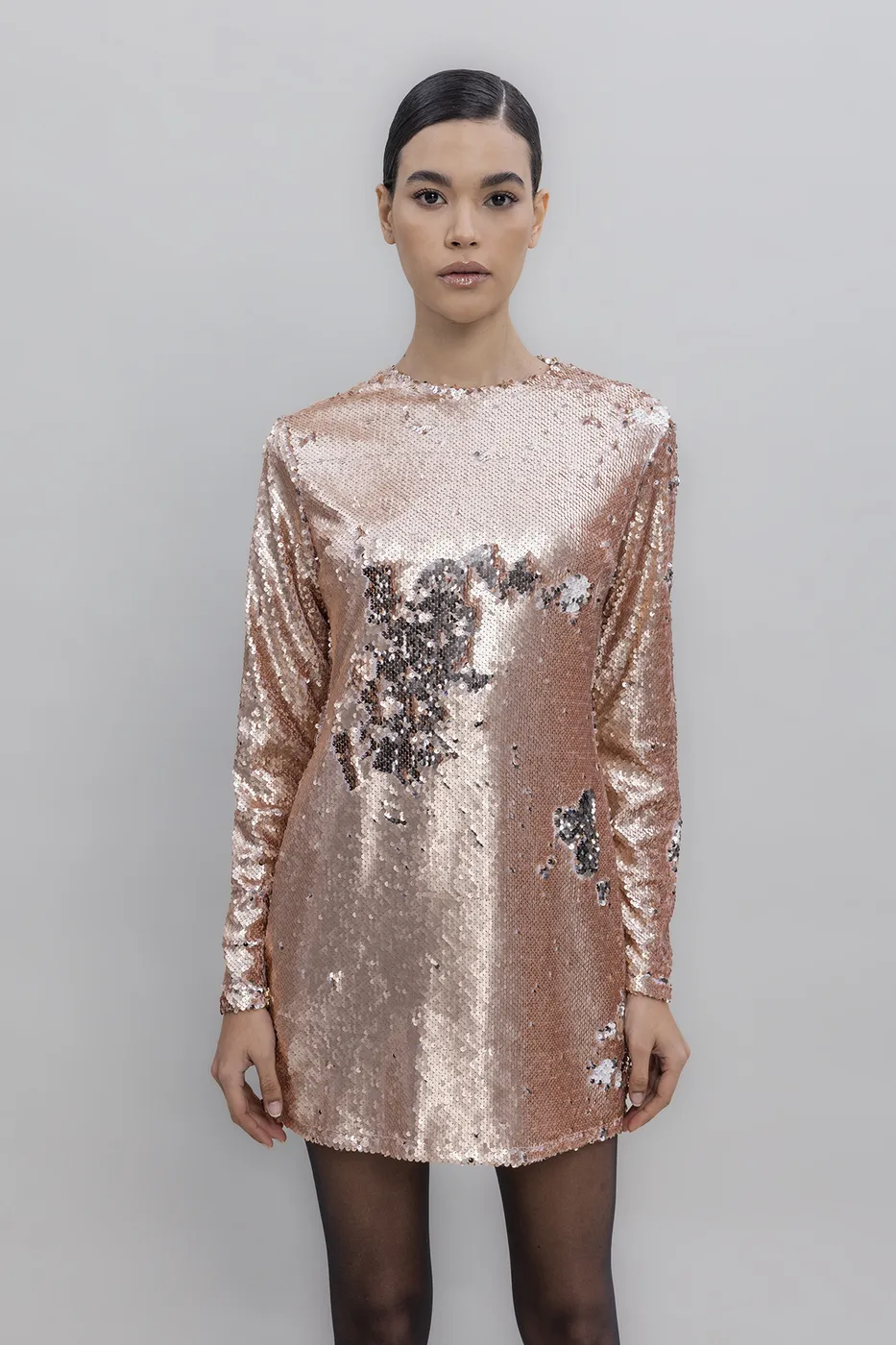 Bayan Pudra Sırt Dekolteli Pulpayet Mini Elbise