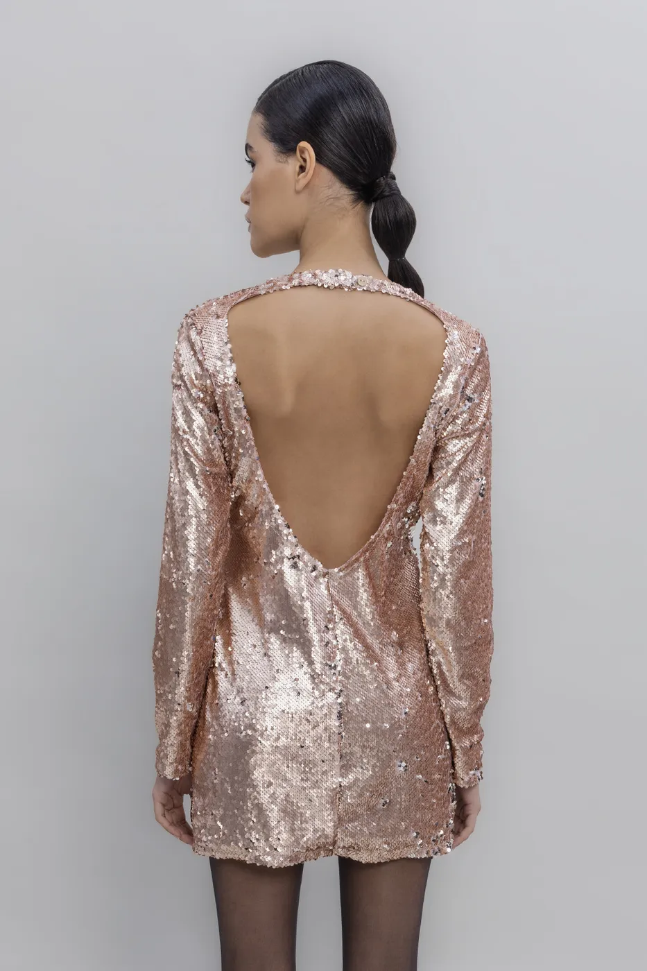 Bayan Pudra Sırt Dekolteli Pulpayet Mini Elbise