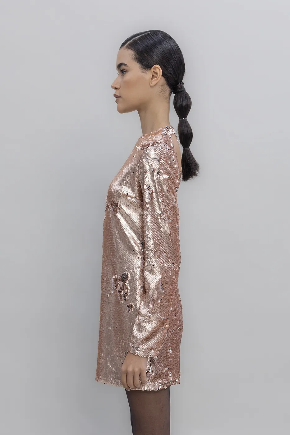 Bayan Pudra Sırt Dekolteli Pulpayet Mini Elbise