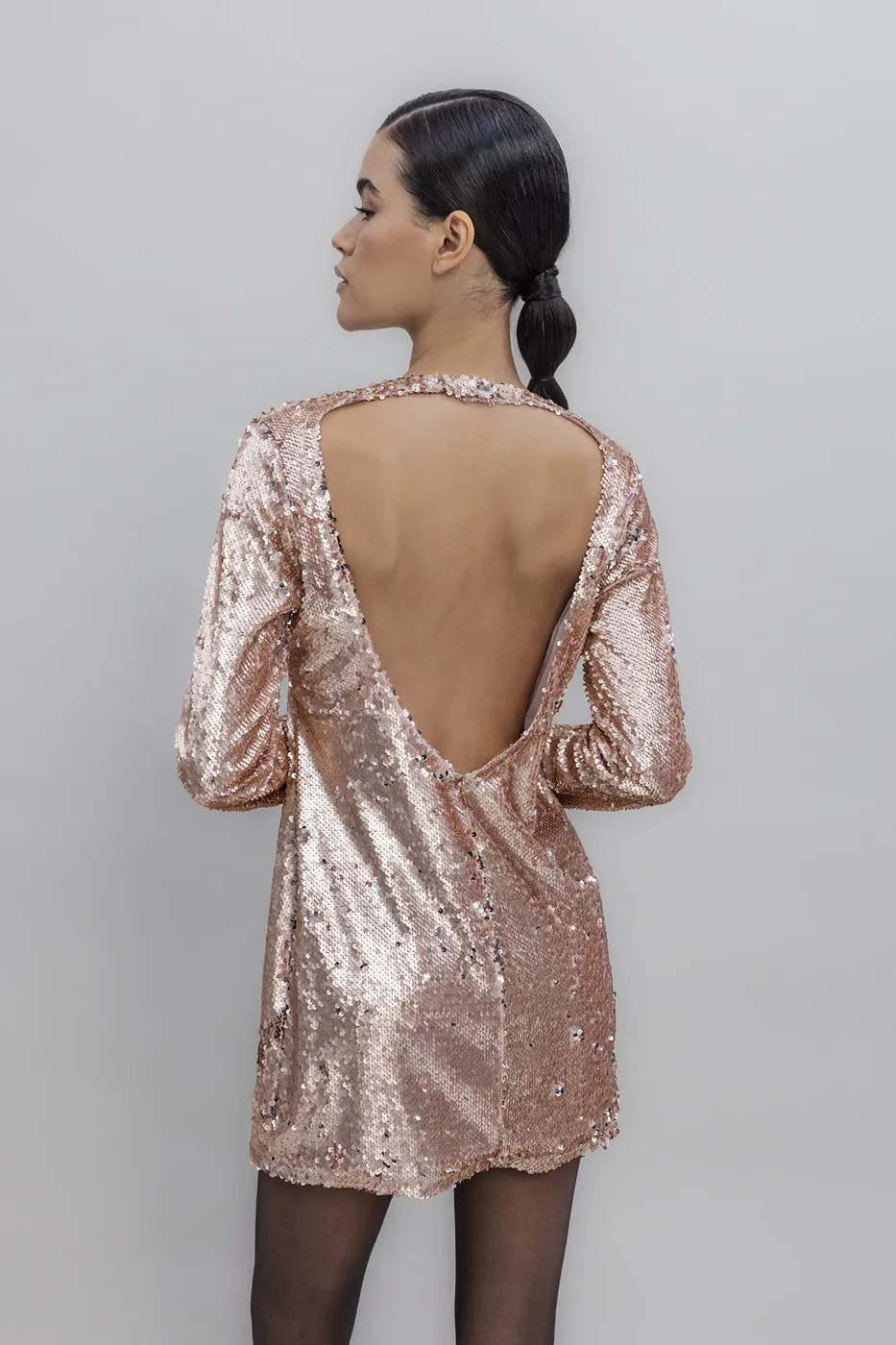 Bayan Pudra Sırt Dekolteli Pulpayet Mini Elbise