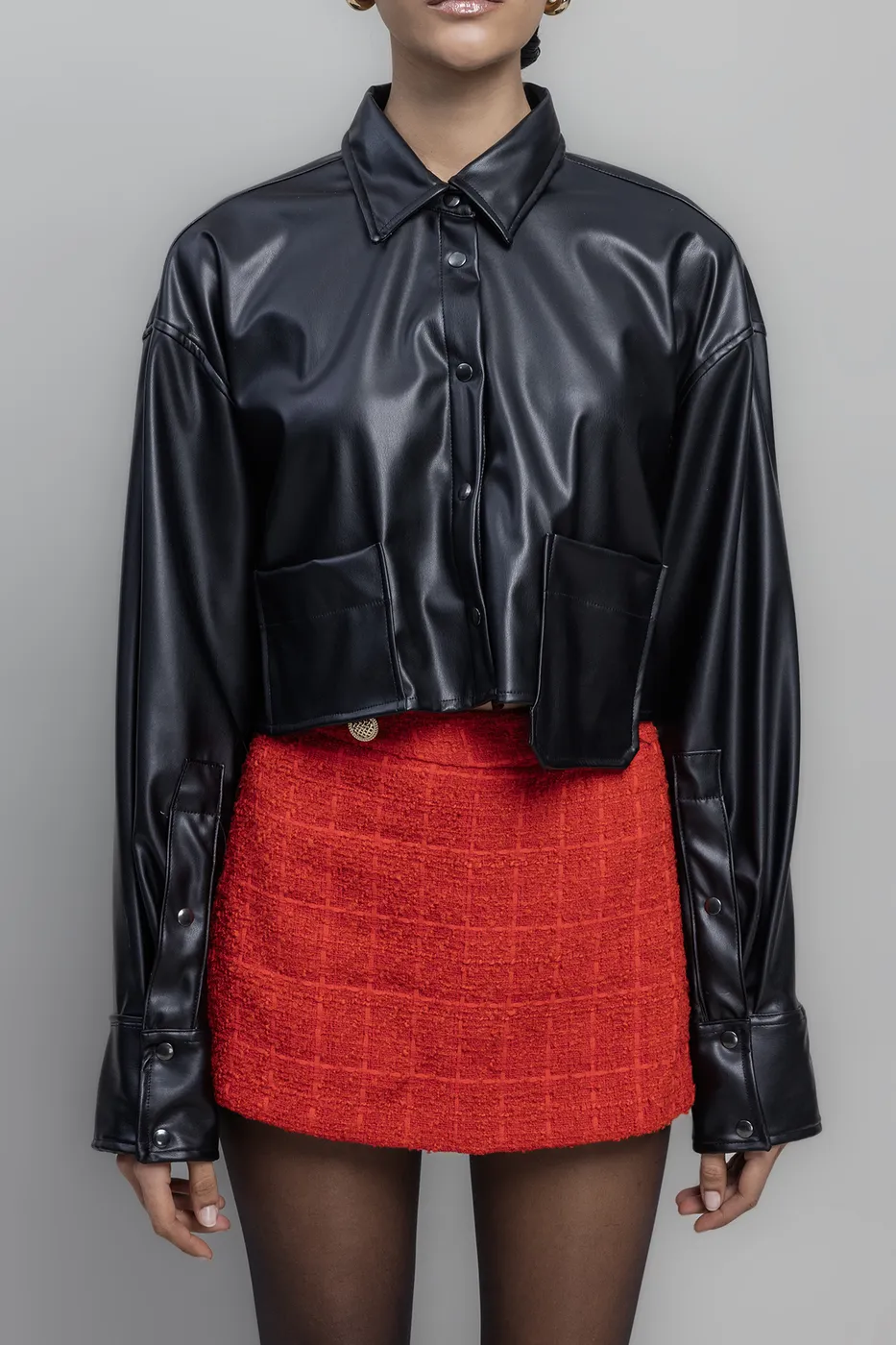 Bayan Siyah Crop Suni Deri Gömlek