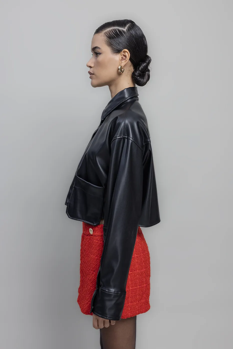 Bayan Siyah Crop Suni Deri Gömlek