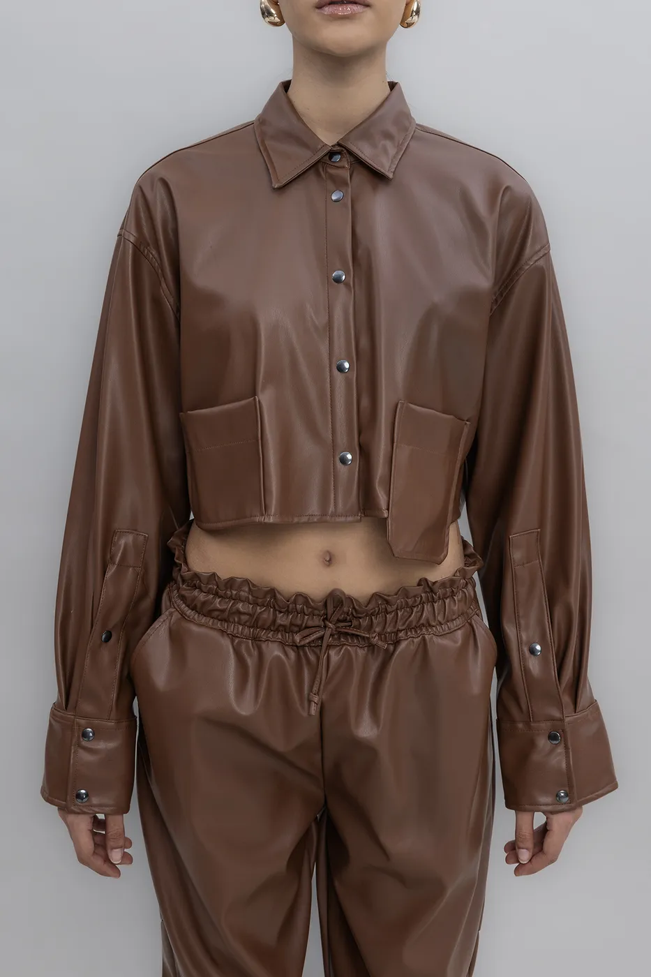 Bayan Taba Crop Suni Deri Gömlek