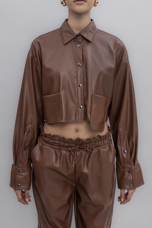 Bayan  Crop Suni Deri Gömlek