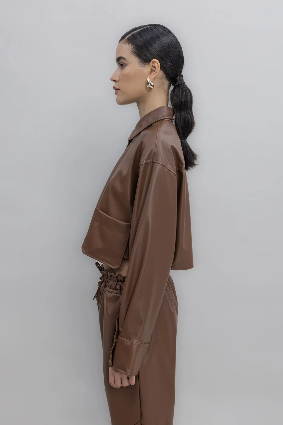 Bayan Taba Crop Suni Deri Gömlek