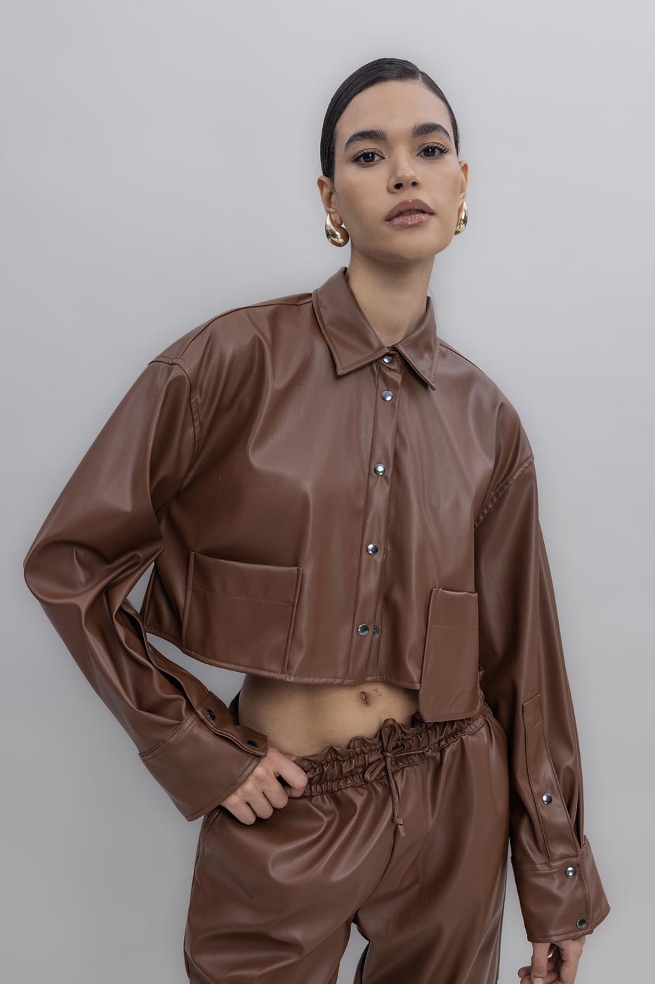 Bayan Taba Crop Suni Deri Gömlek