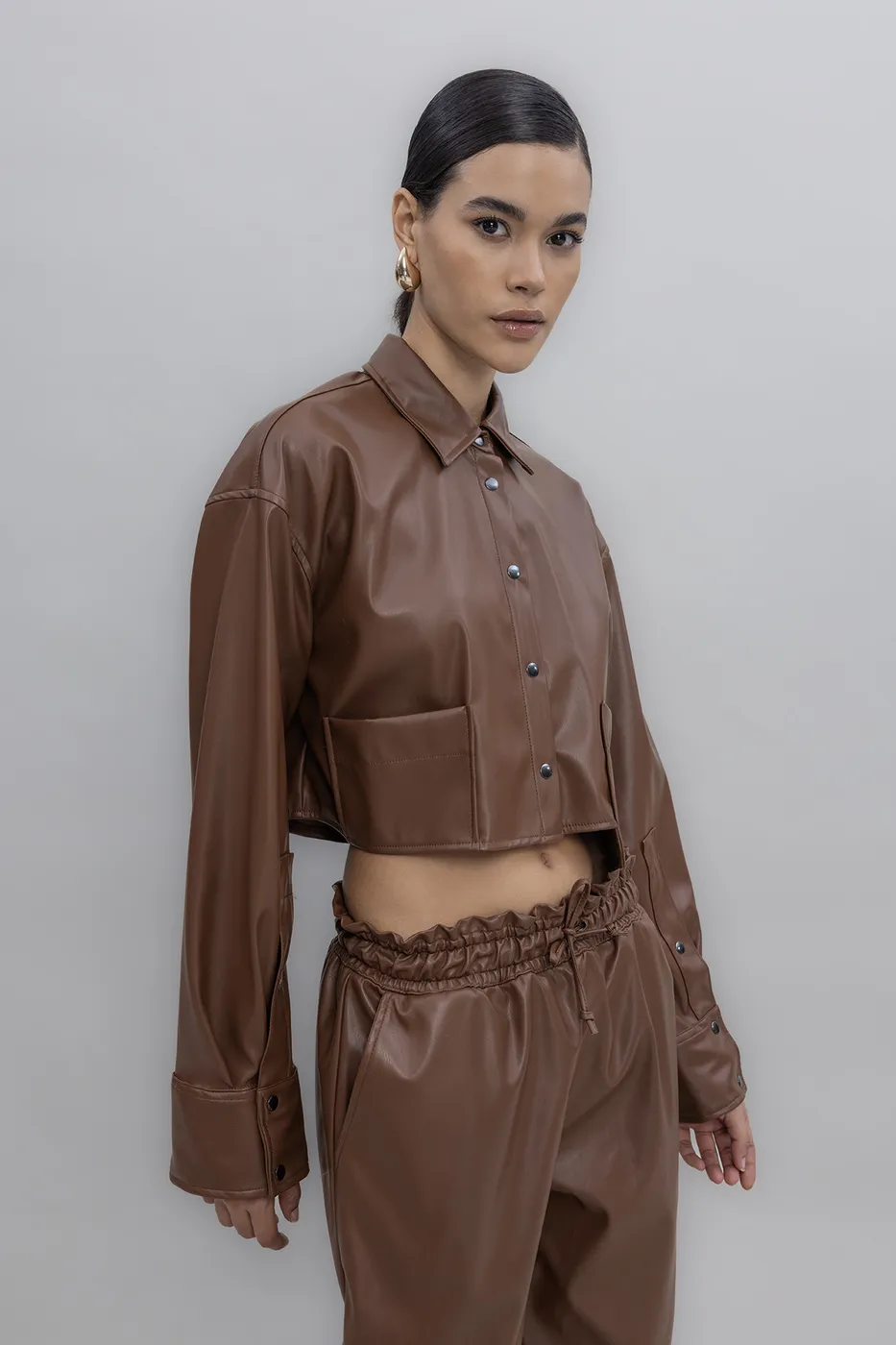 Bayan Taba Crop Suni Deri Gömlek