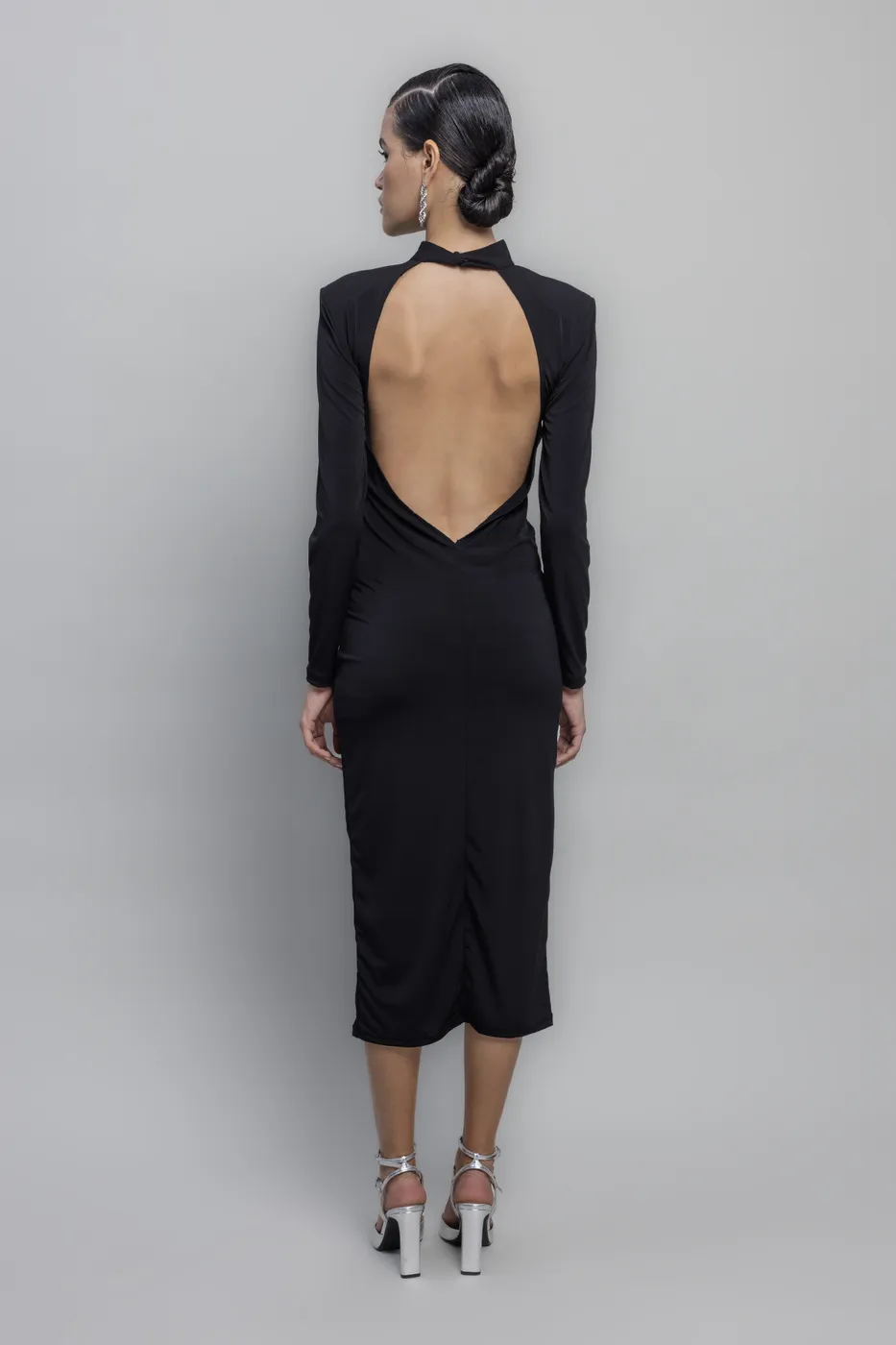 Bayan Siyah Sırt Dekolteli Midi Elbise