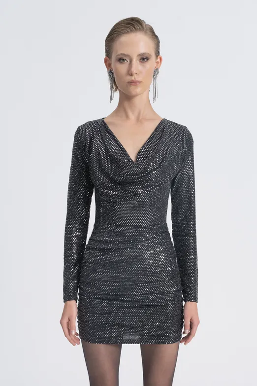 Bayan Siyah Degaje Yakalı Pulpayet Mini Elbise - BSL