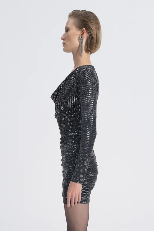 Bayan Siyah Degaje Yakalı Pulpayet Mini Elbise - BSL