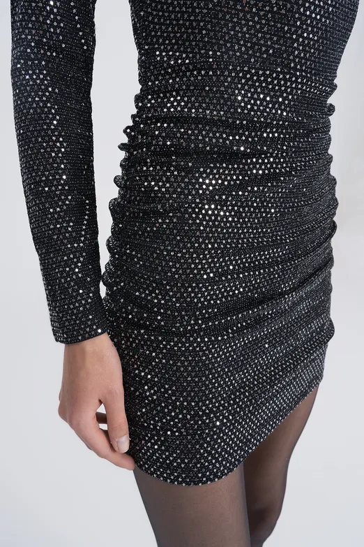 Bayan Siyah Degaje Yakalı Pulpayet Mini Elbise - BSL