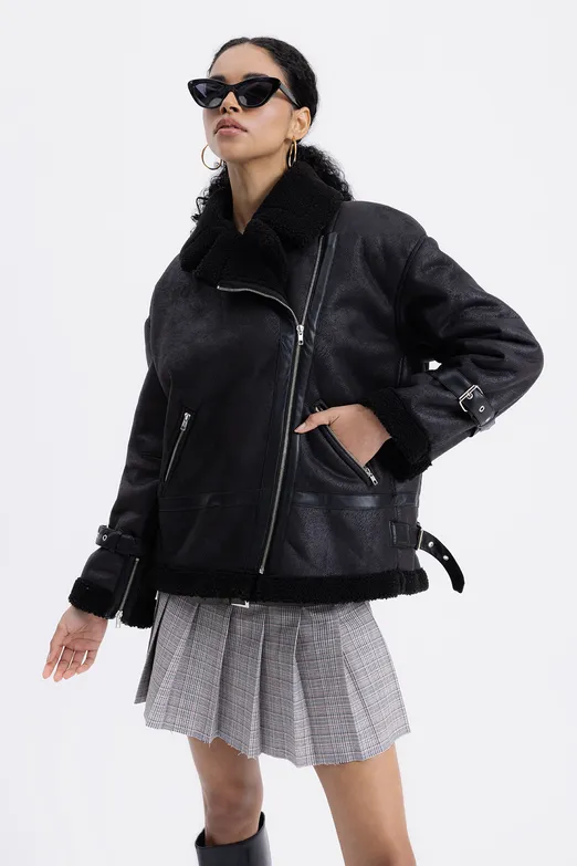 Bayan Siyah İçi Kürklü Mont - BSL