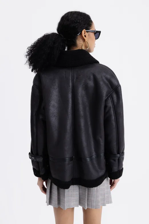 Bayan Siyah İçi Kürklü Mont - BSL