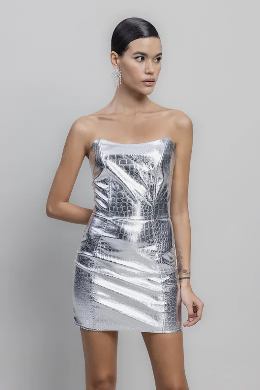 Bayan Gümüş Varaklı Straplez Mini Elbise - BSL