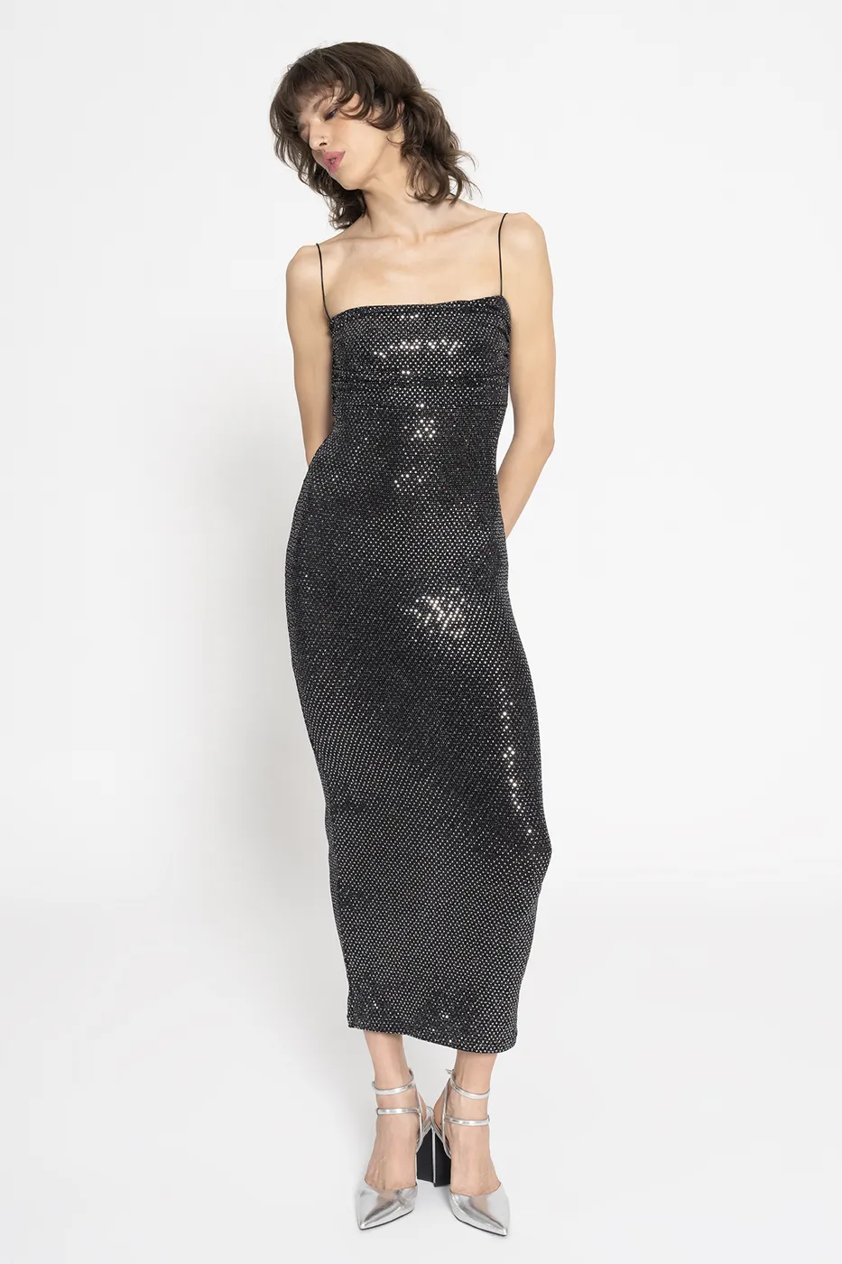 Bayan Gümüş Askılı Pulpayet Midi Elbise