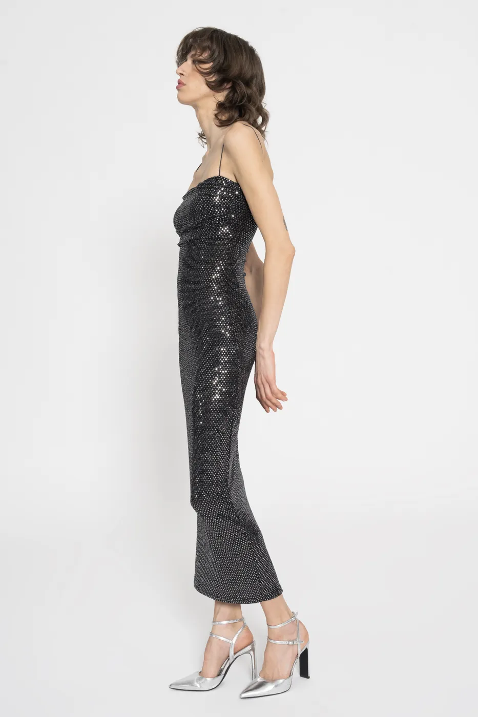 Bayan Gümüş Askılı Pulpayet Midi Elbise